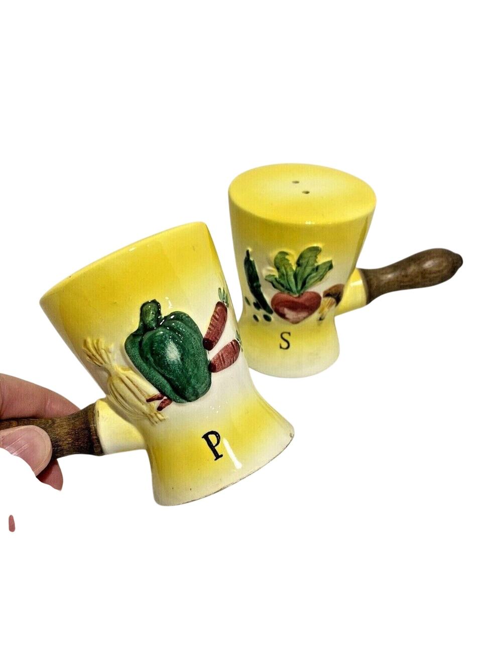 Vintage Mid Century ceramic salt & pepper shakers Commodore Japan wood handles